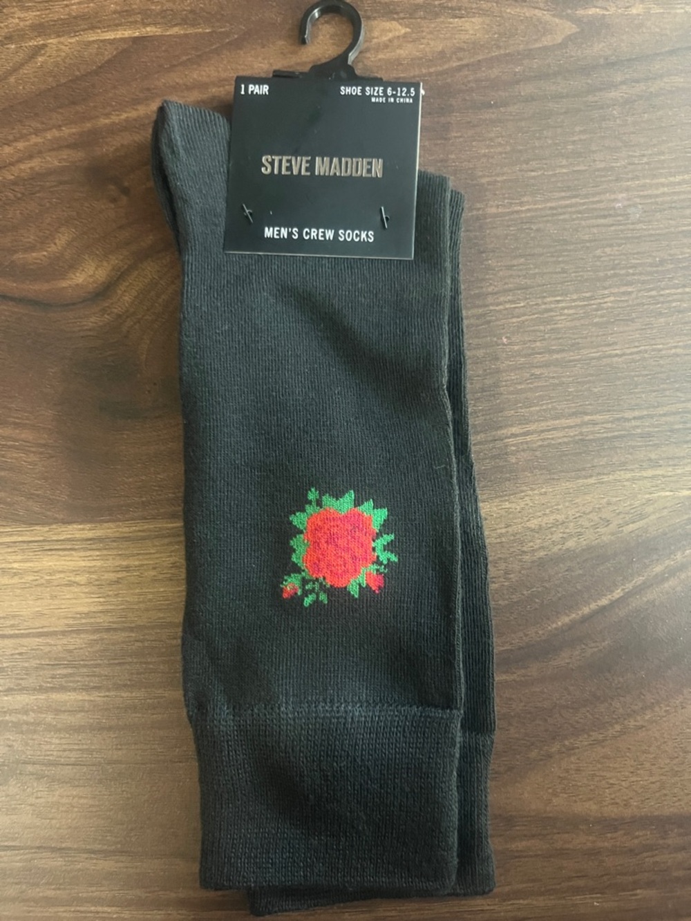 Steve Madden Black Crew Socks with Red Rose Accent
